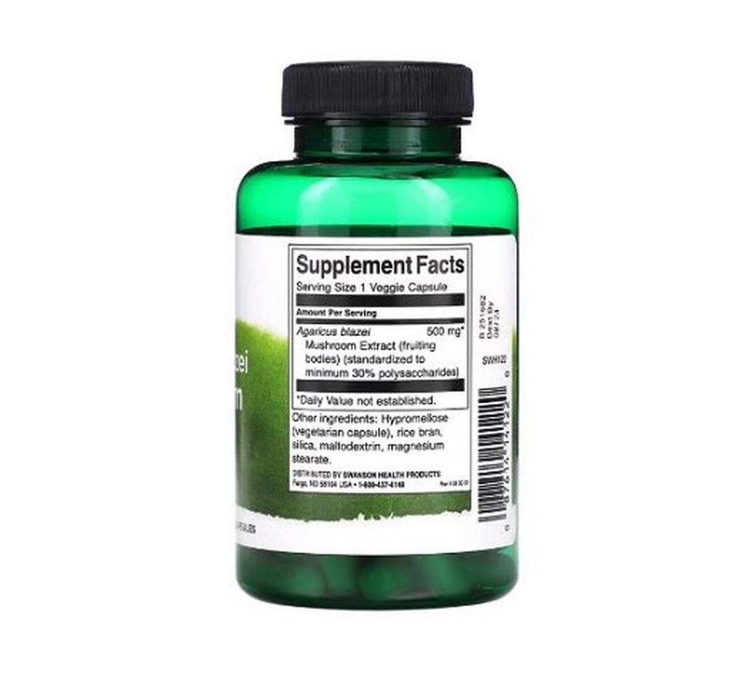 Retro di un flacone verde con tappo nero. Etichetta con informazioni nutrizionali e ingredienti: Agaricus Blazei, 500 mg.