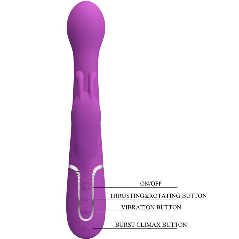 Vibratore coniglio viola con etichettatura dei controlli.