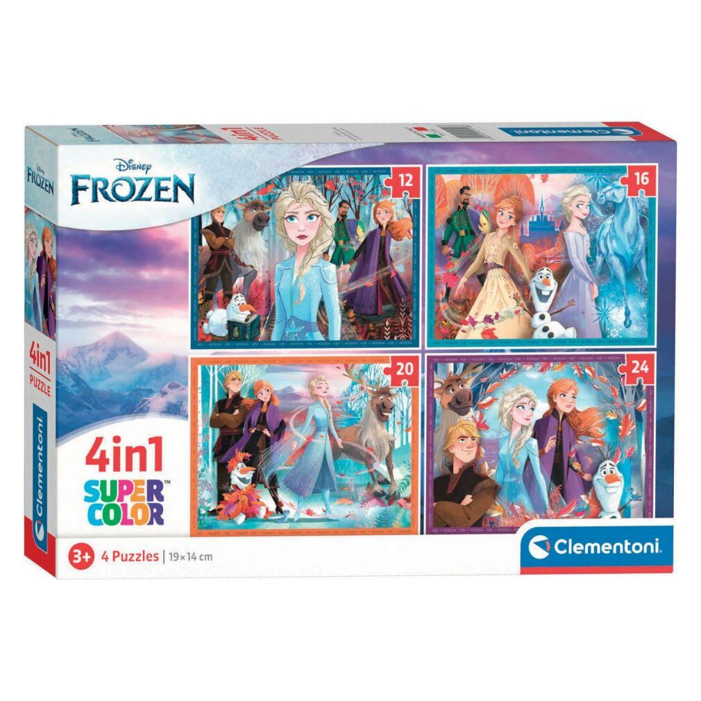 Puzzle Clementoni Disney Frozen 4in1. Confezione con quattro puzzle. Immagini di Elsa, Anna e Olaf. Dimensioni 19x34 cm.