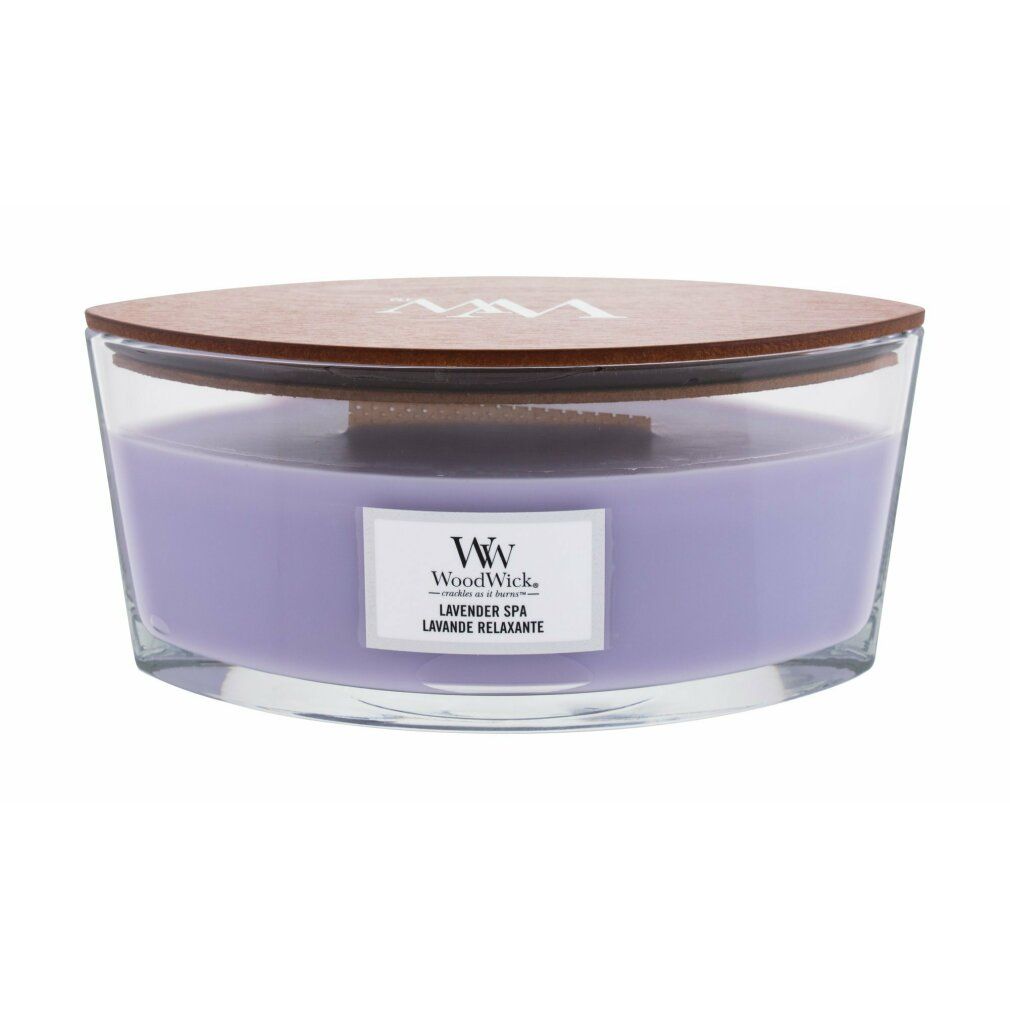 Candela ellittica con coperchio in legno. Cera viola in contenitore di vetro. Scritta: WoodWick, Lavender Spa, Lavande Relaxante.