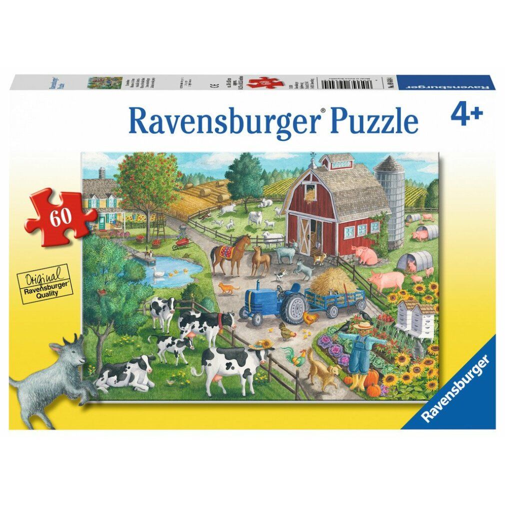 Puzzle Ravensburger, 60 pezzi. Motivo fattoria con mucche, maiali, trattore. Confezione con logo ed età consigliata.