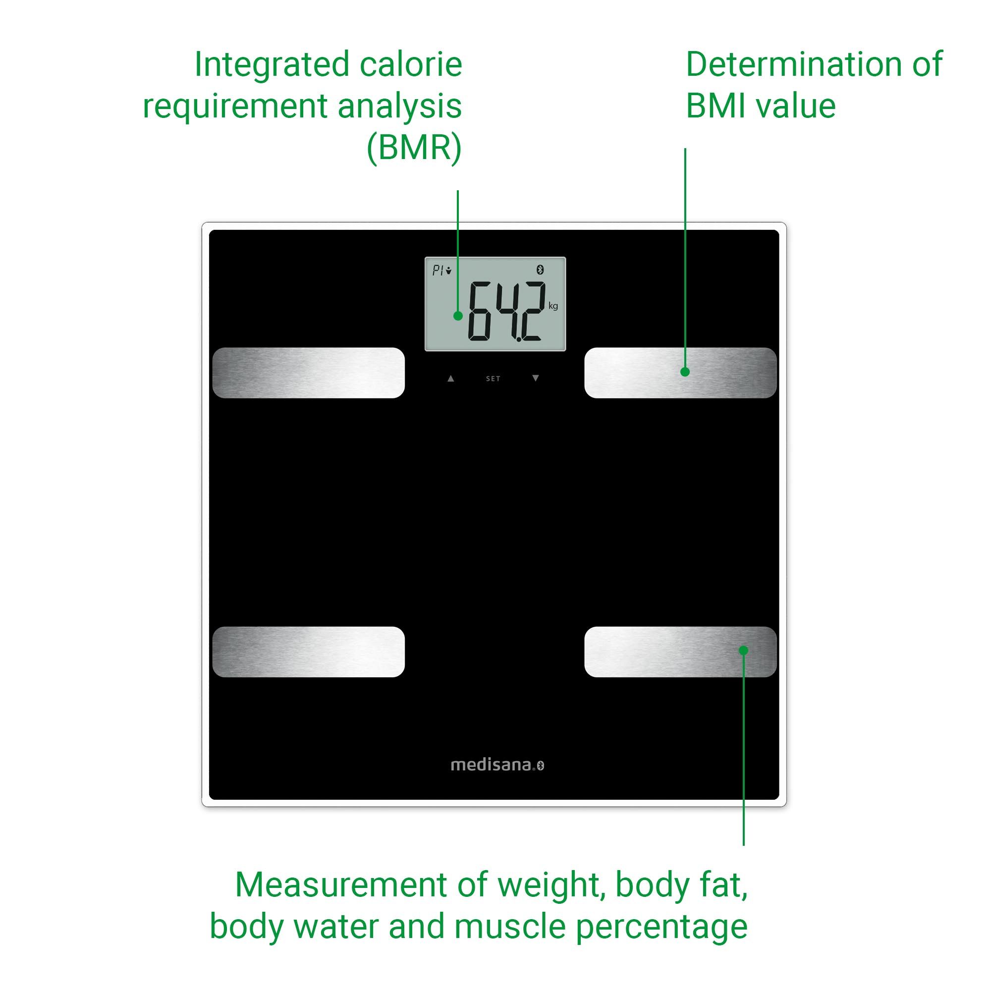 Bilancia per l'analisi corporea con display digitale. Misurazione di peso, grasso corporeo, acqua corporea e percentuale muscolare. Analisi BMR. Determinazione dell'IMC. Marca: medisana.