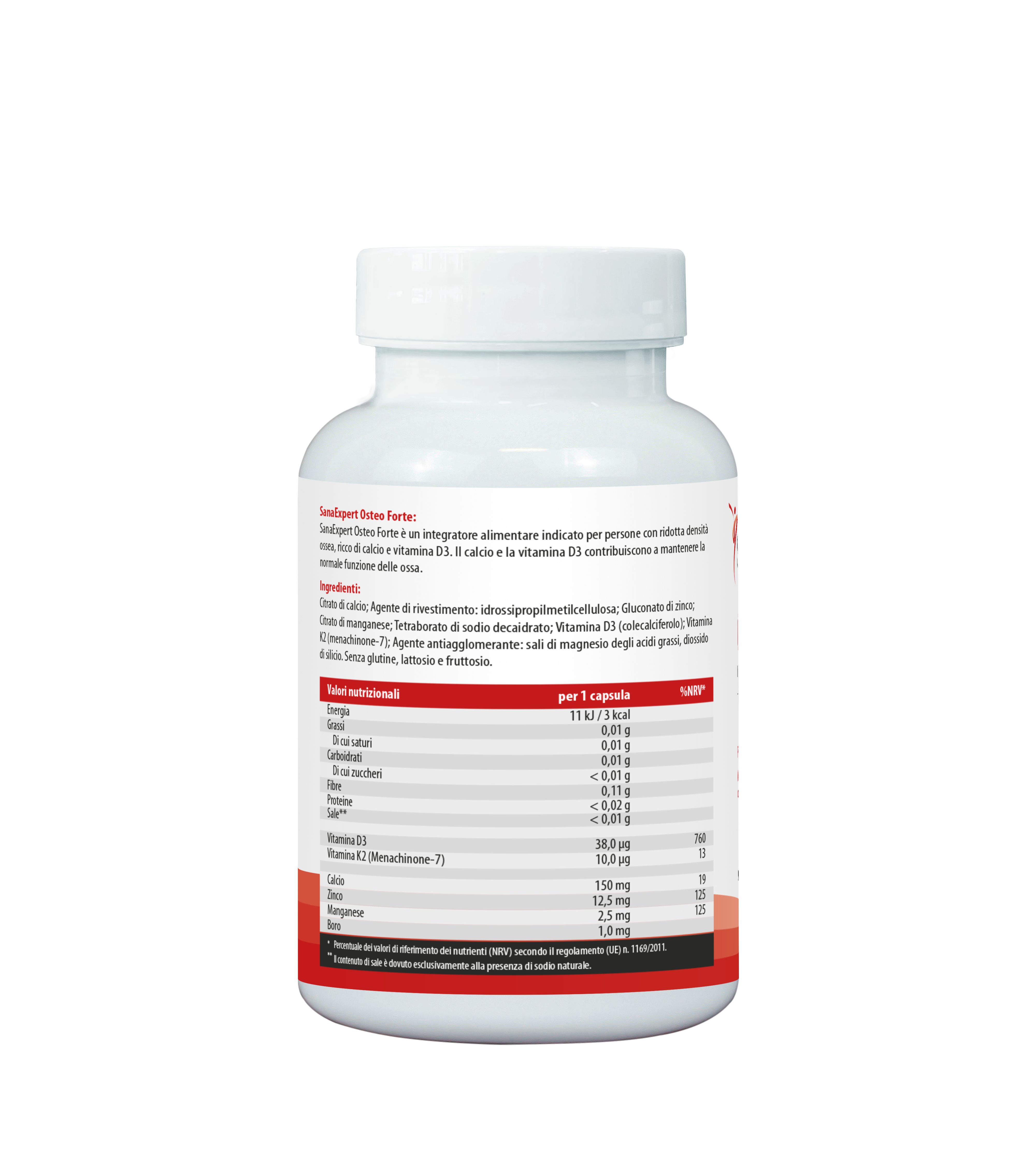 Retro di un flacone bianco con testo. SanaExpert Osteo Forte. Ingredienti, informazioni nutrizionali. Prodotto in Germania.