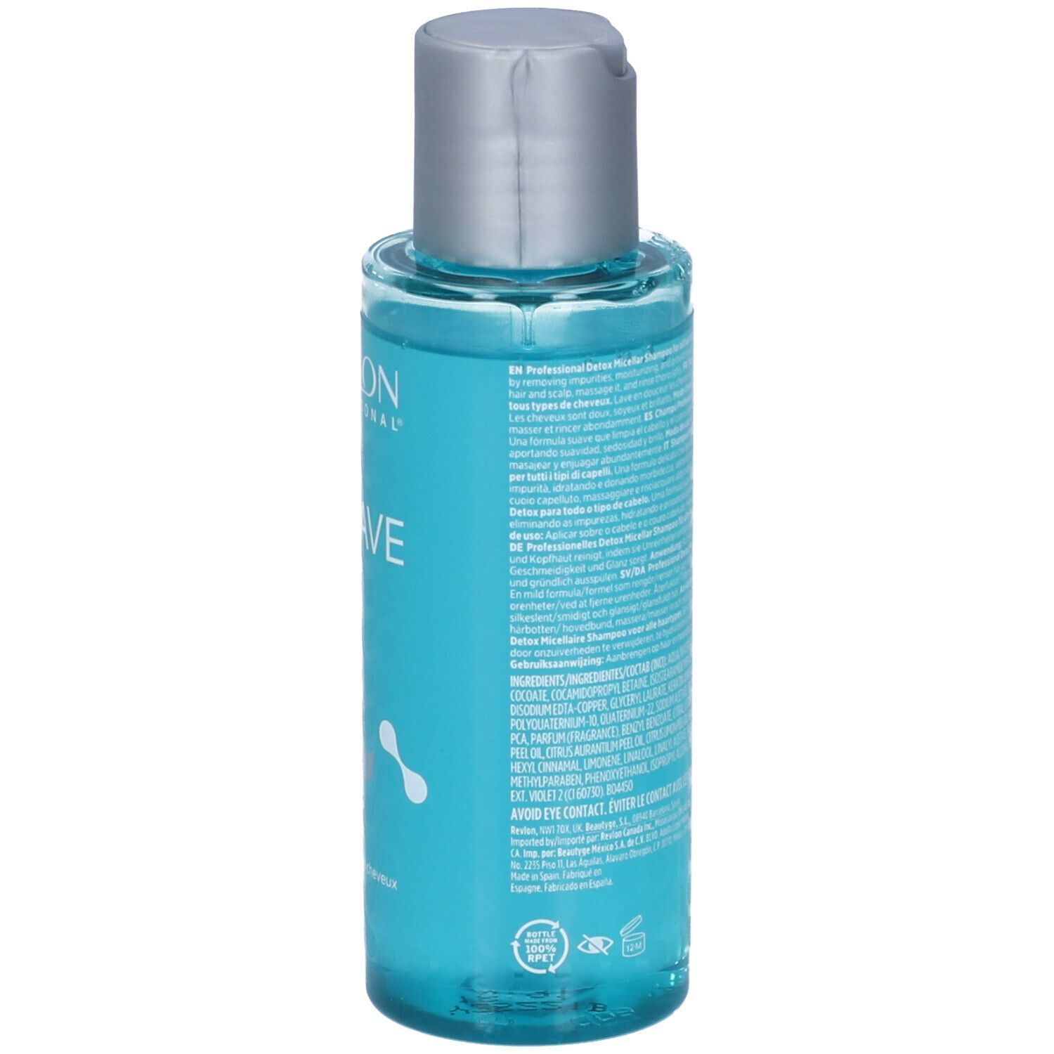 Retro di un flacone trasparente di shampoo blu. Tappo argentato. Etichetta con testo.