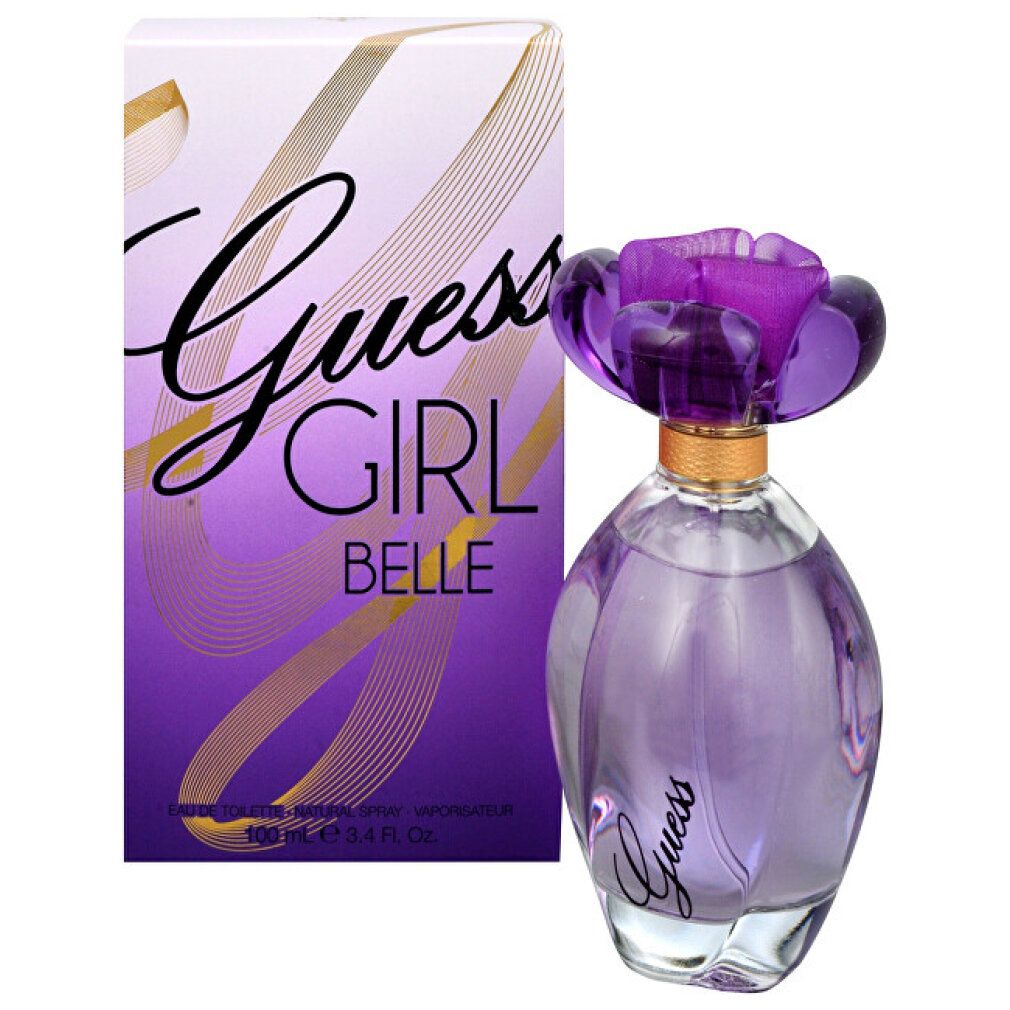 Guess Girl Belle Eau de Toilette Spray, flacone e confezione. Flacone con liquido viola, tappo a fiore viola, collare dorato. Confezione con logo.