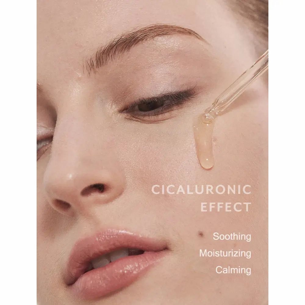 Viso con siero. Scritta: Cicaluronic Effect. Proprietà: lenitivo, idratante, calmante.