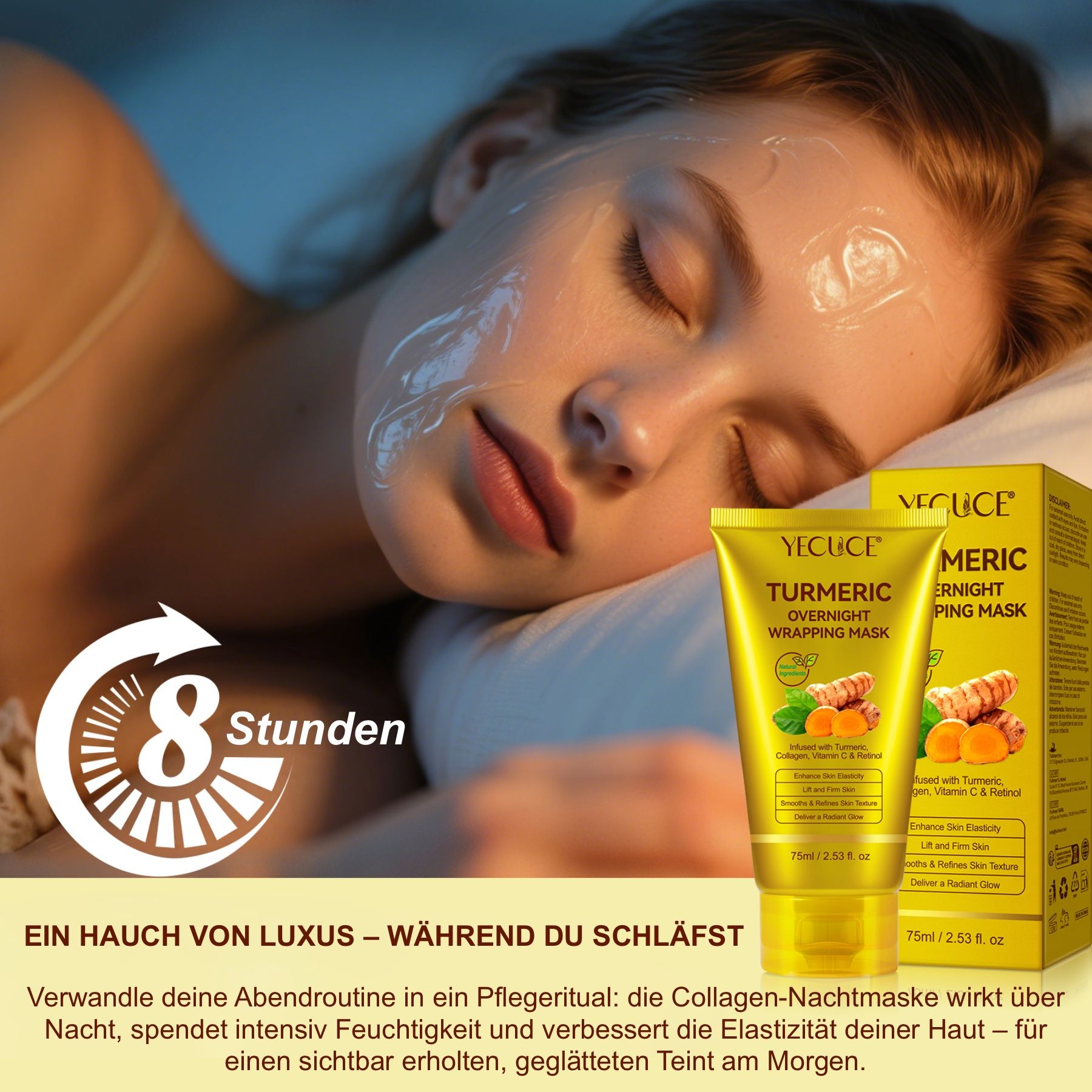 Donna che dorme con maschera, accanto confezione del prodotto.