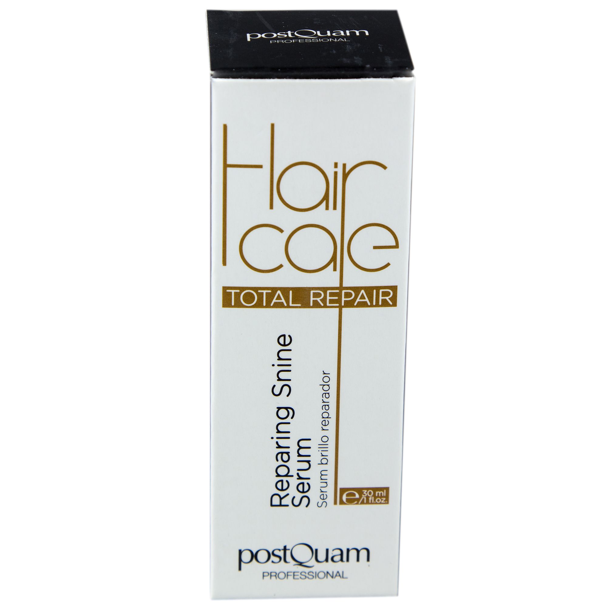 Siero per capelli con confezione. Scritta: Hair Care Total Repair, Repairing Shine Serum. Marchio: Postquam Professional.