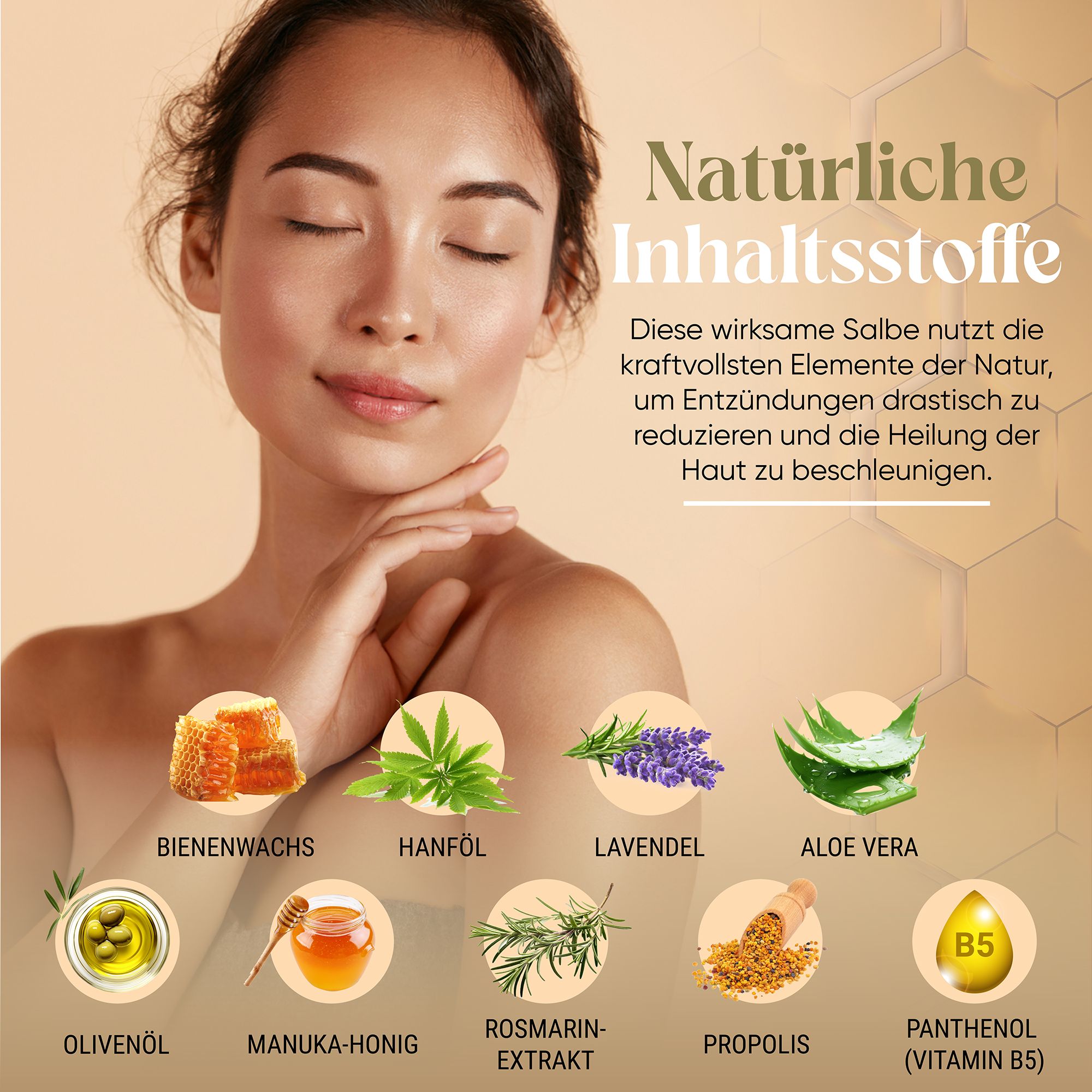 Una donna con gli occhi chiusi. Vengono illustrati diversi ingredienti naturali: miele, canapa, lavanda, aloe vera, ecc. Testo: Ingredienti naturali.