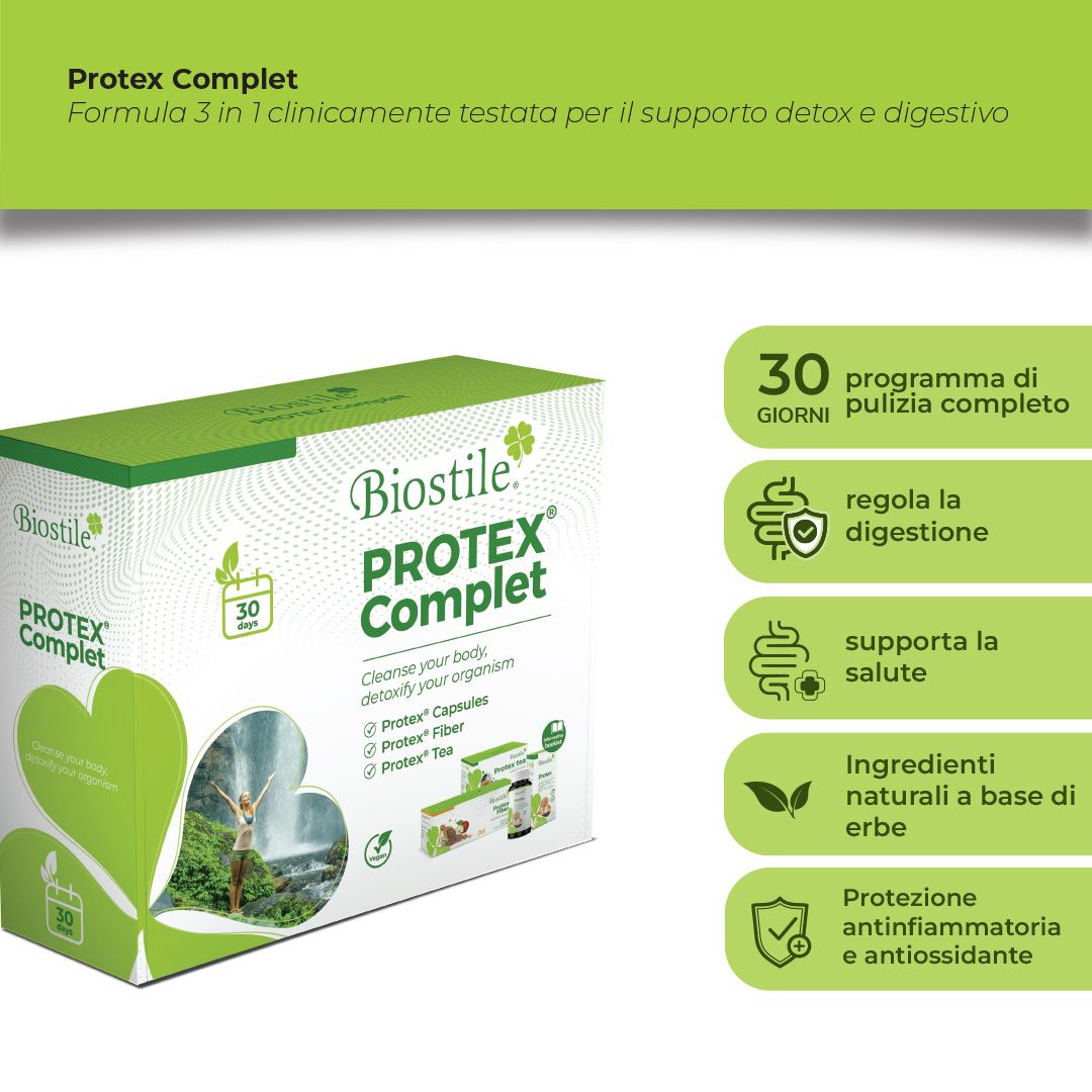 Confezione Biostile Protex Komplett. Testo italiano. Design verde e bianco. Programma 30 giorni.