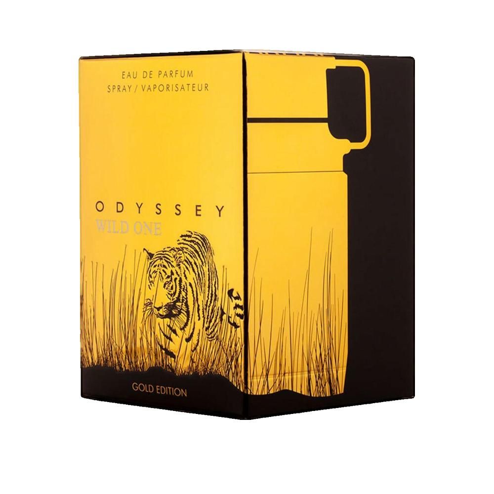 Confezione dorata con sfondo nero. Scritta: ODYSSEY WILD ONE GOLD EDITION. Illustrazione di una tigre nell'erba.