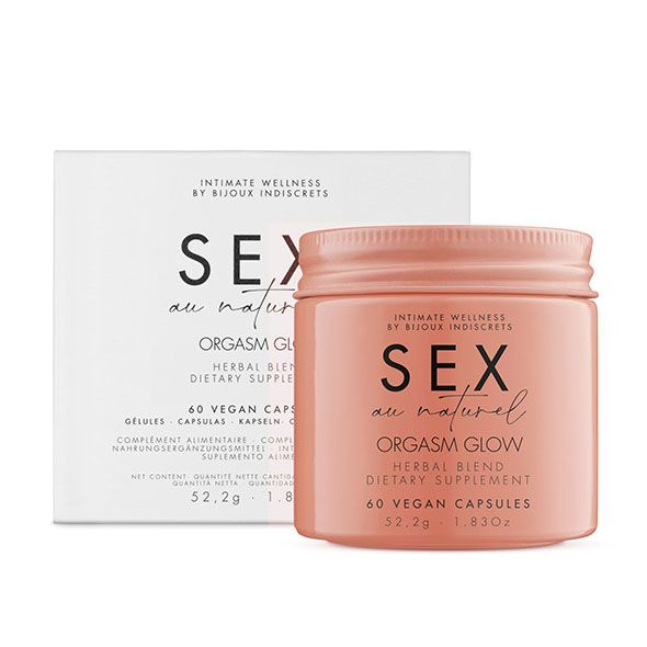 Barattolo e scatola rosa con testo SEX au naturel ORGASM GLOW. 60 capsule vegane. Benessere intimo.