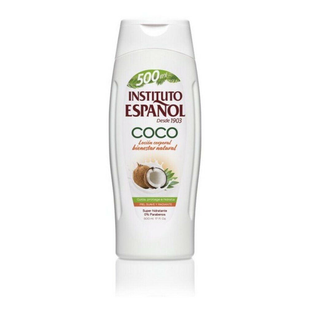 Flacone bianco INSTITUTO ESPAÑOL COCO. Illustrazione cocco. Testo: Loción corporal bienestar natural. 500 ml.
