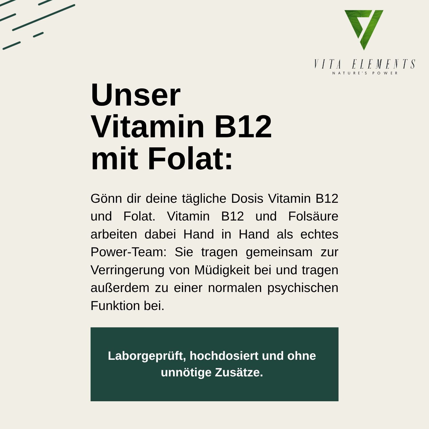 Grafica testuale: La nostra vitamina B12 con folato. Informazioni su efficacia e additivi.