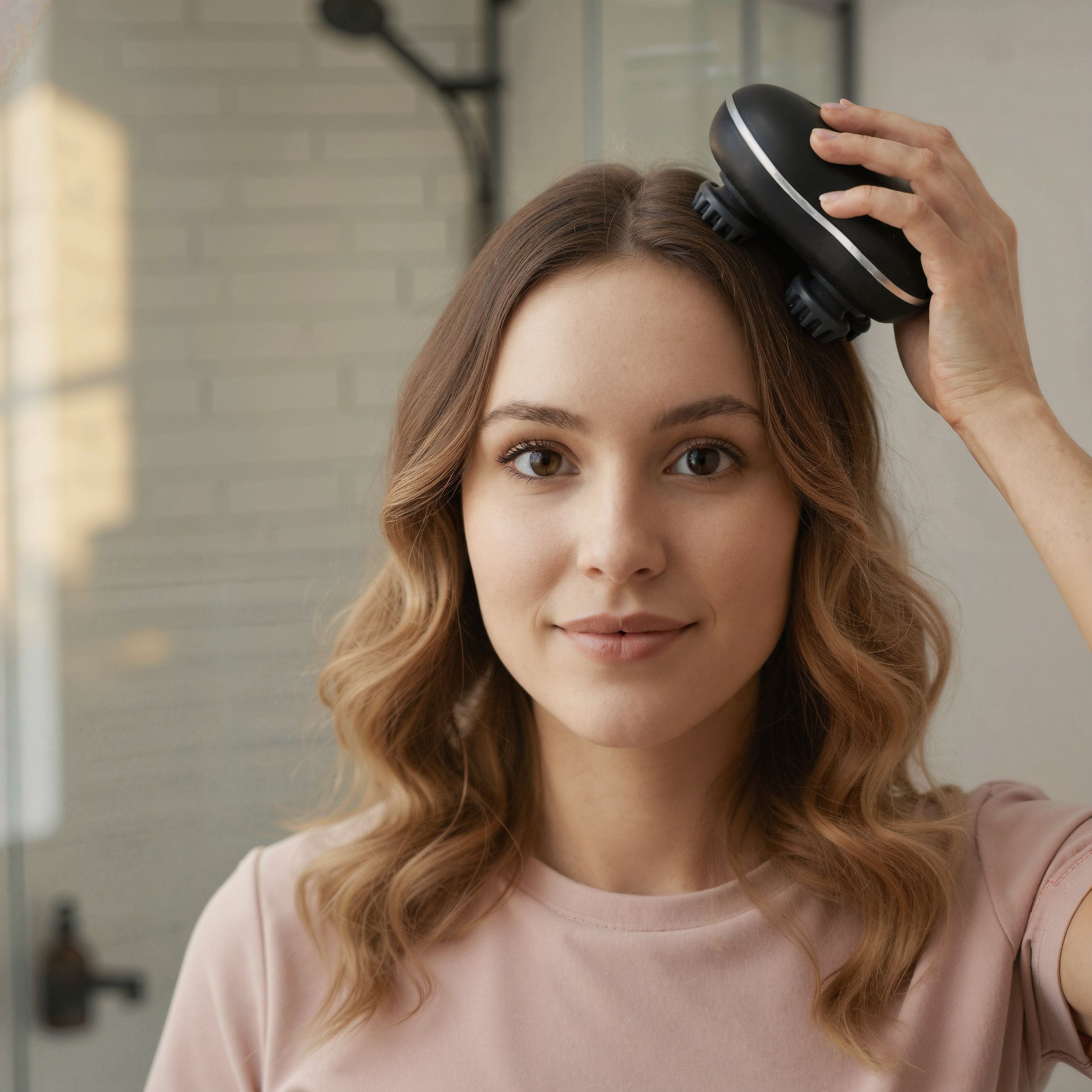 Donna che utilizza un massaggiatore per la testa nero. Il dispositivo ha dei rulli e viene posizionato sulla testa.