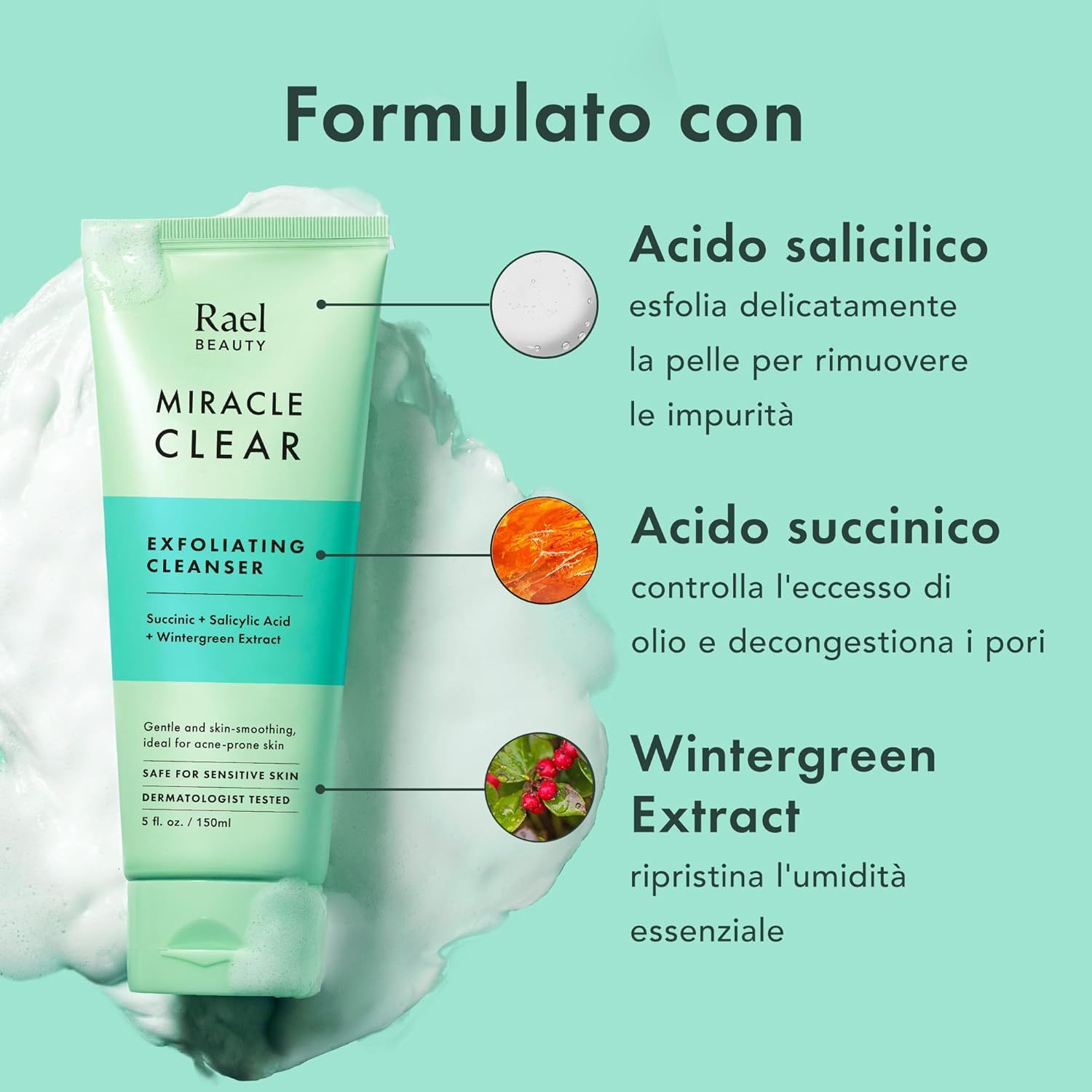 Tubo con grafici degli ingredienti. Testo: Acido salicilico, acido succinico, estratto di gaultheria.