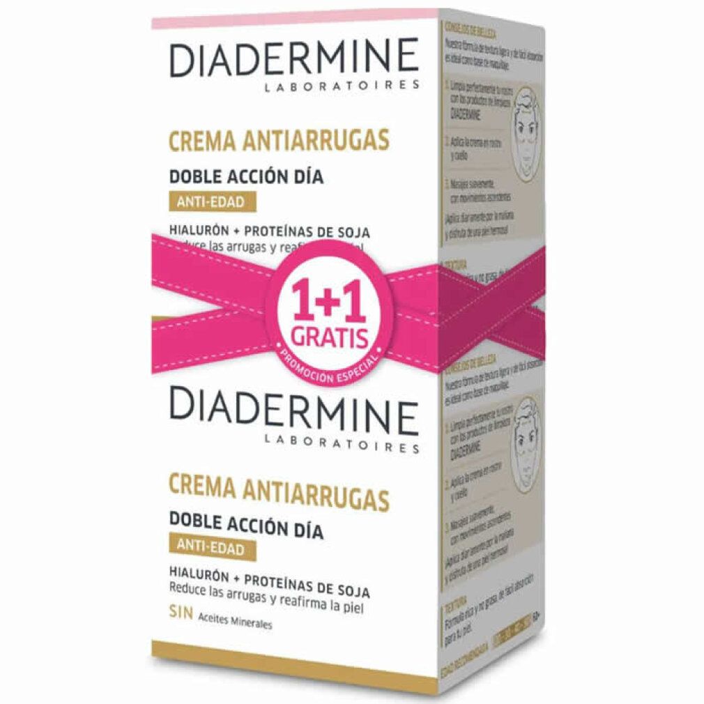 Confezione crema Diadermine. Scritta: Crema antirughe, 1+1 gratis. Fiocco rosa.