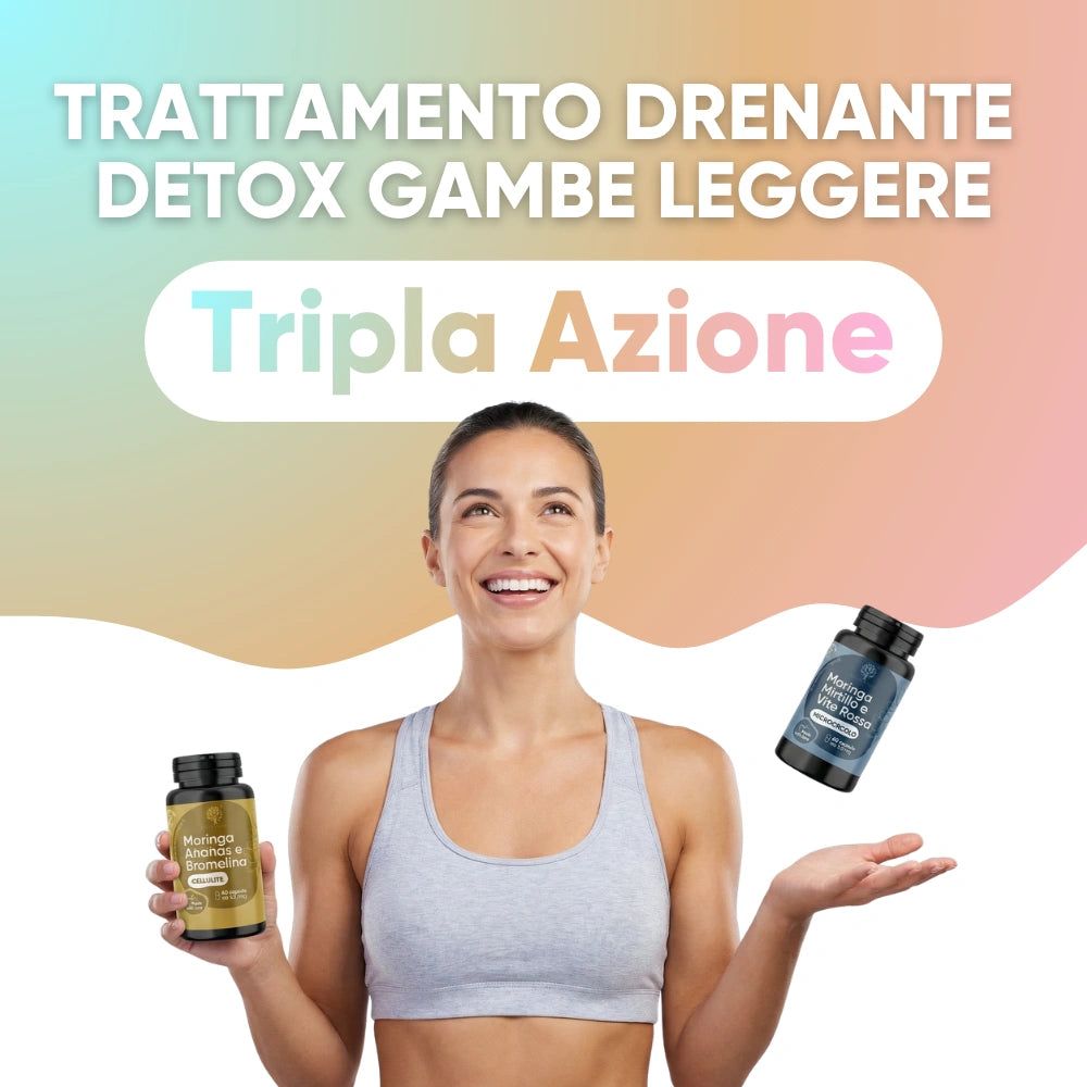 Una donna tiene in mano due contenitori di prodotti. Testo: Tripla azione. Una bottiglia e due flaconi di capsule.