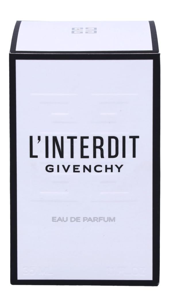 Scatola bianca con cornice nera. Scritta "L'INTERDIT GIVENCHY Eau de Parfum".