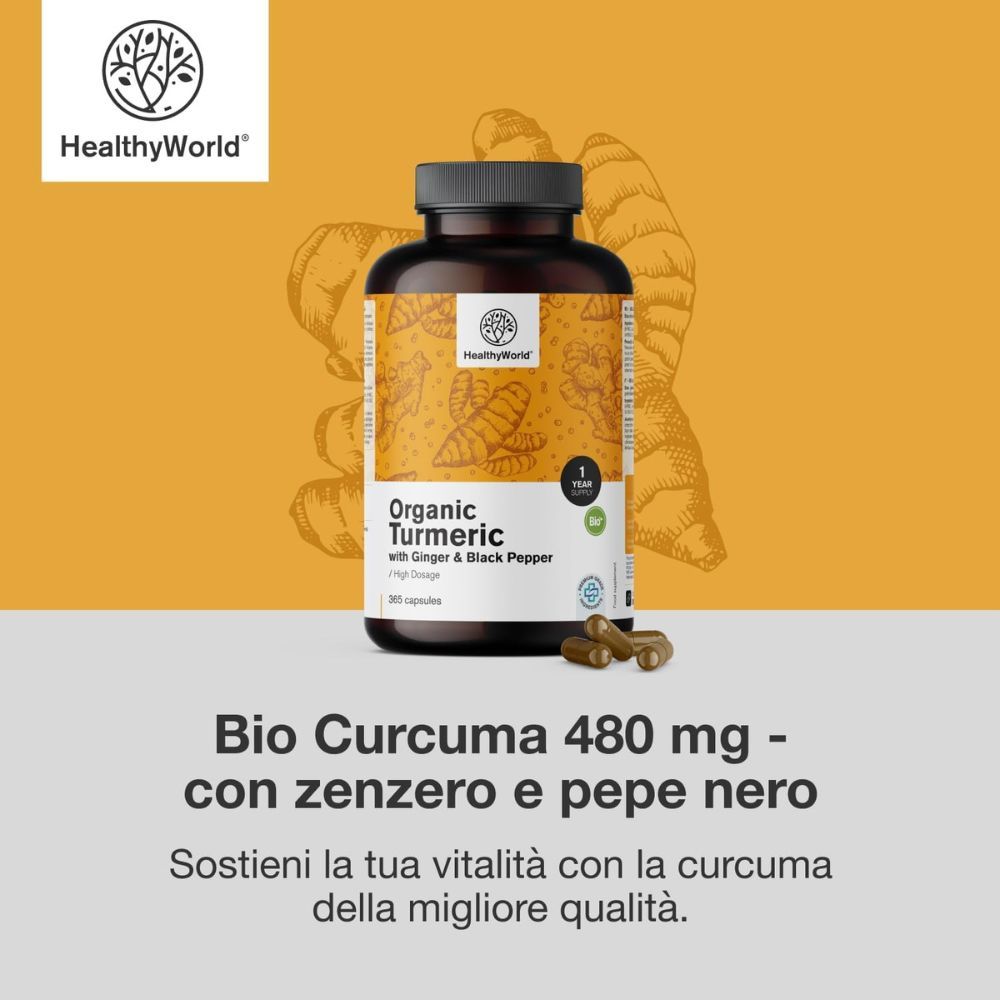 Flacone di capsule. Scritta: Organic Turmeric with Ginger & Black Pepper. Logo HealthyWorld.