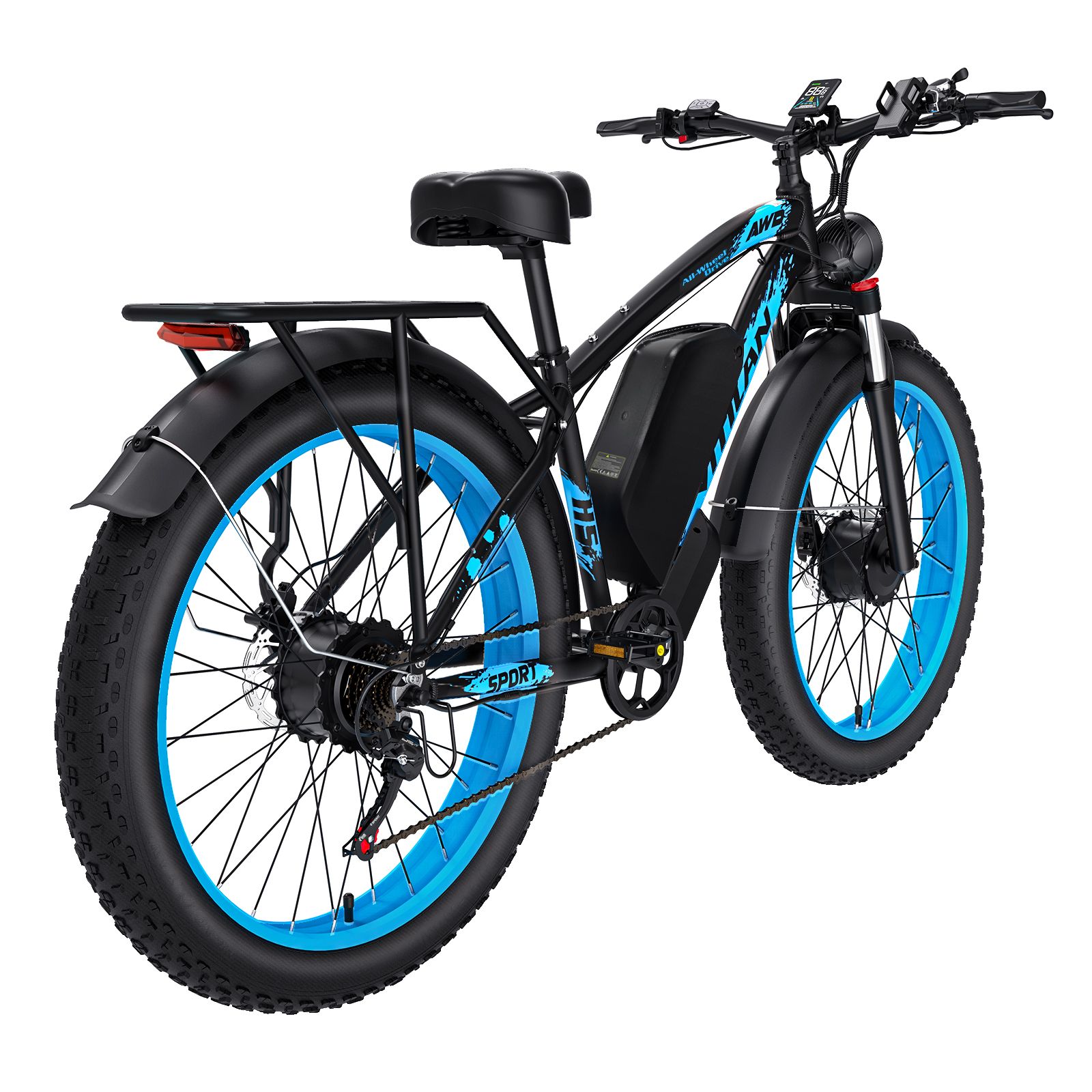 E-bike nera con cerchi blu. Marchio Vitilan. Portapacchi e fanalino posteriore visibili.