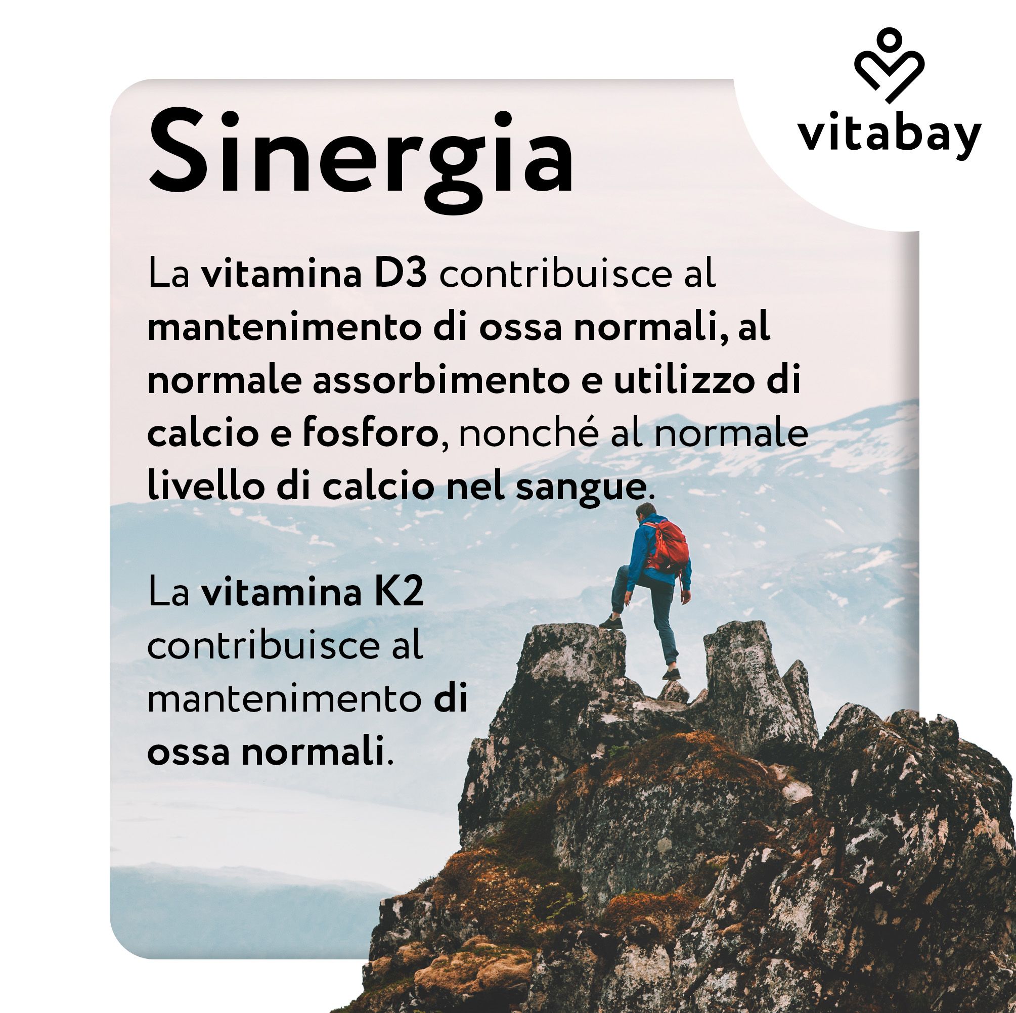 Vitamina D3 contribuisce a ossa, assorbimento calcio, funzione muscolare normali.