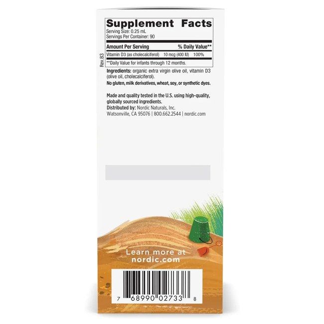 Retro di una bottiglia di vitamina D3 per bambini. Contiene informazioni nutrizionali e ingredienti.