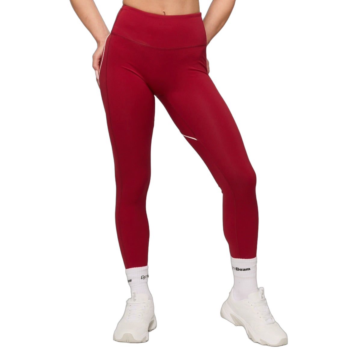 GymBeam Leggings donna Varsity lunghi a vita alta senza tasche rosso con dettaglio posteriore