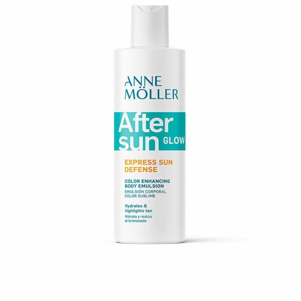 Flacone bianco con testo blu-verde. Testo: Anne Möller, After Sun Glow, Express Sun Defense, Emulsione Corpo Sublimante.