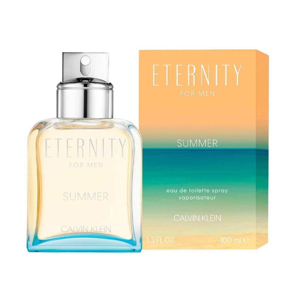 Flacone e confezione Eternity for Men Summer. Flacone con vaporizzatore argentato, base blu. Confezione con sfumatura e testo.