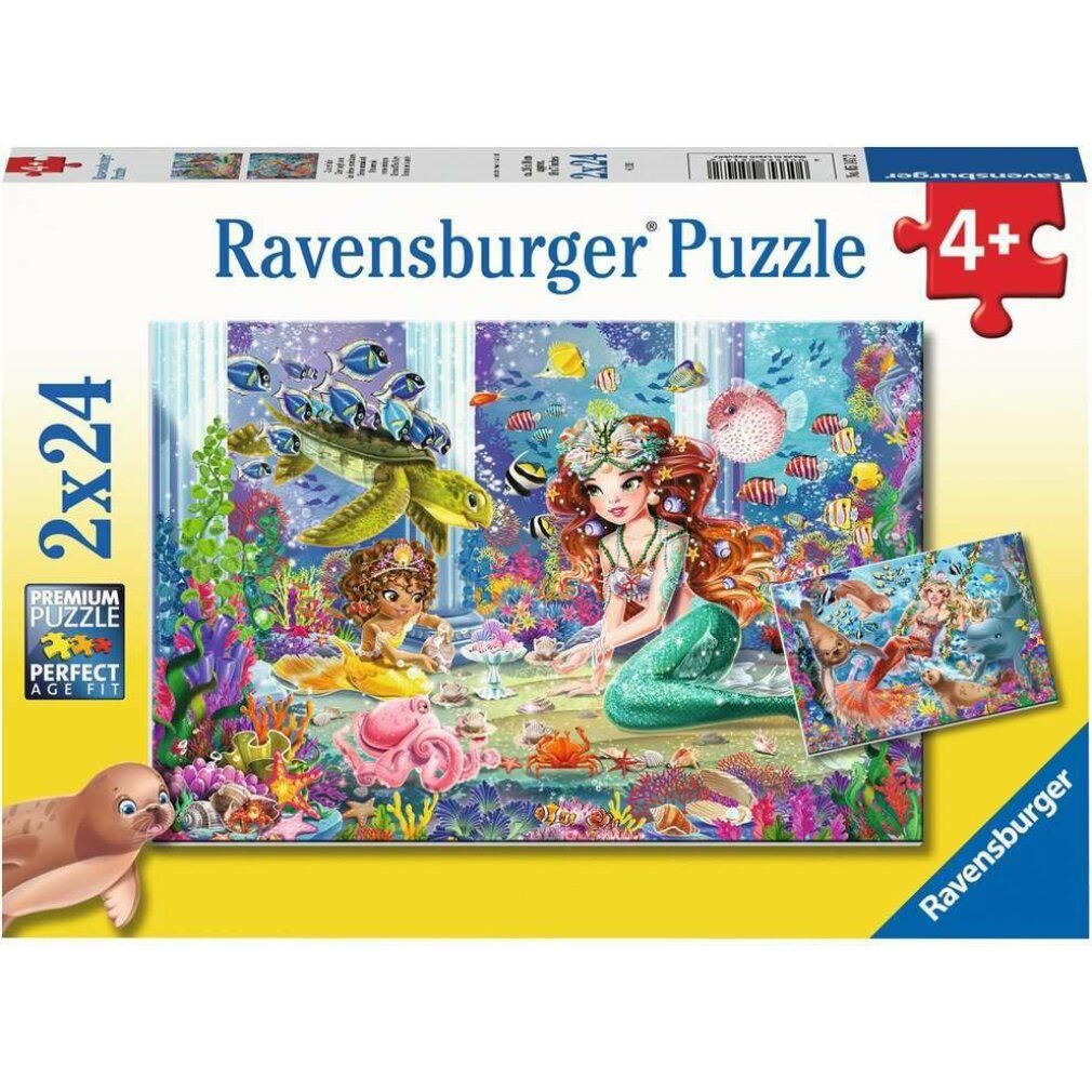 Scatola puzzle con motivo sirene. Puzzle Ravensburger, 2x24 pezzi. Età consigliata 4+. Sirene, tartaruga, pesci.