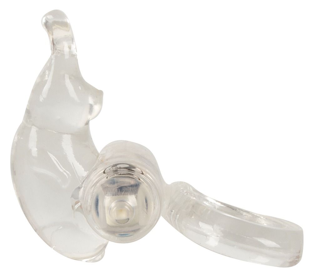 Anello penieno trasparente con stimolatore clitorideo a forma di coniglio. Anulare, con modulo di vibrazione.