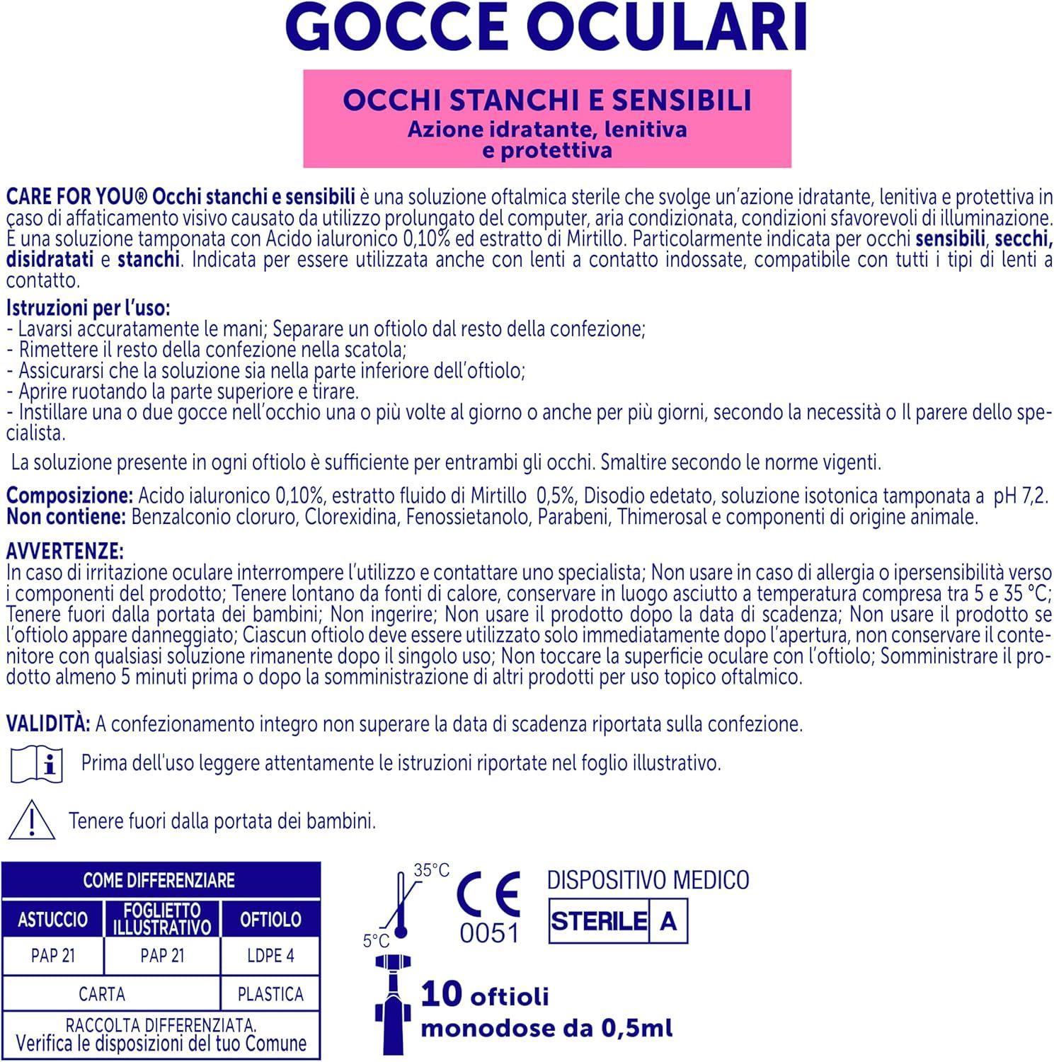 CARE for You Gocce Oculari Occhi Stanchi Monodose 10x0,5 ml