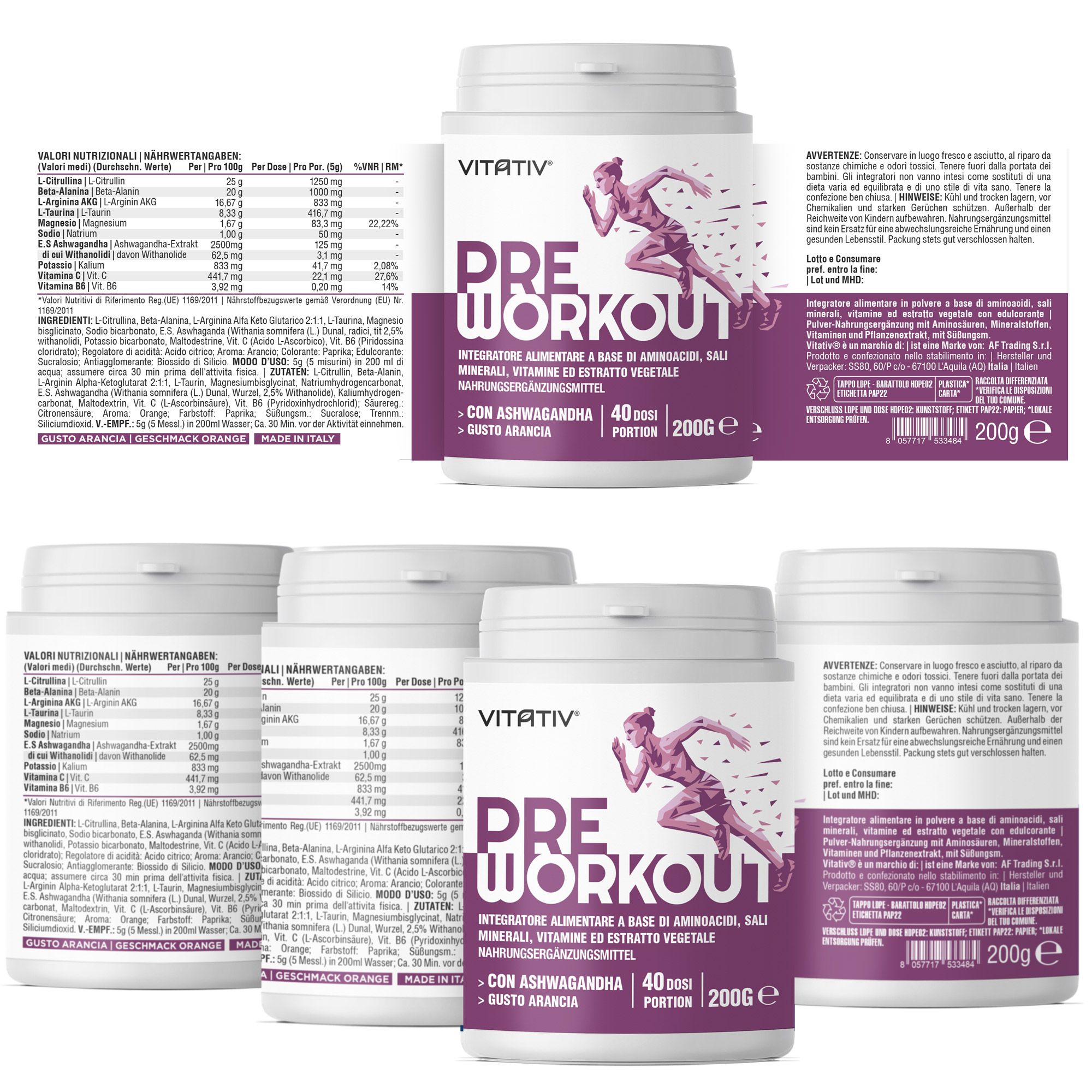 VITATIV® Pre Workout Donna Senza Caffeina Con Amminoacidi Minerali E Vitamine - 200 g