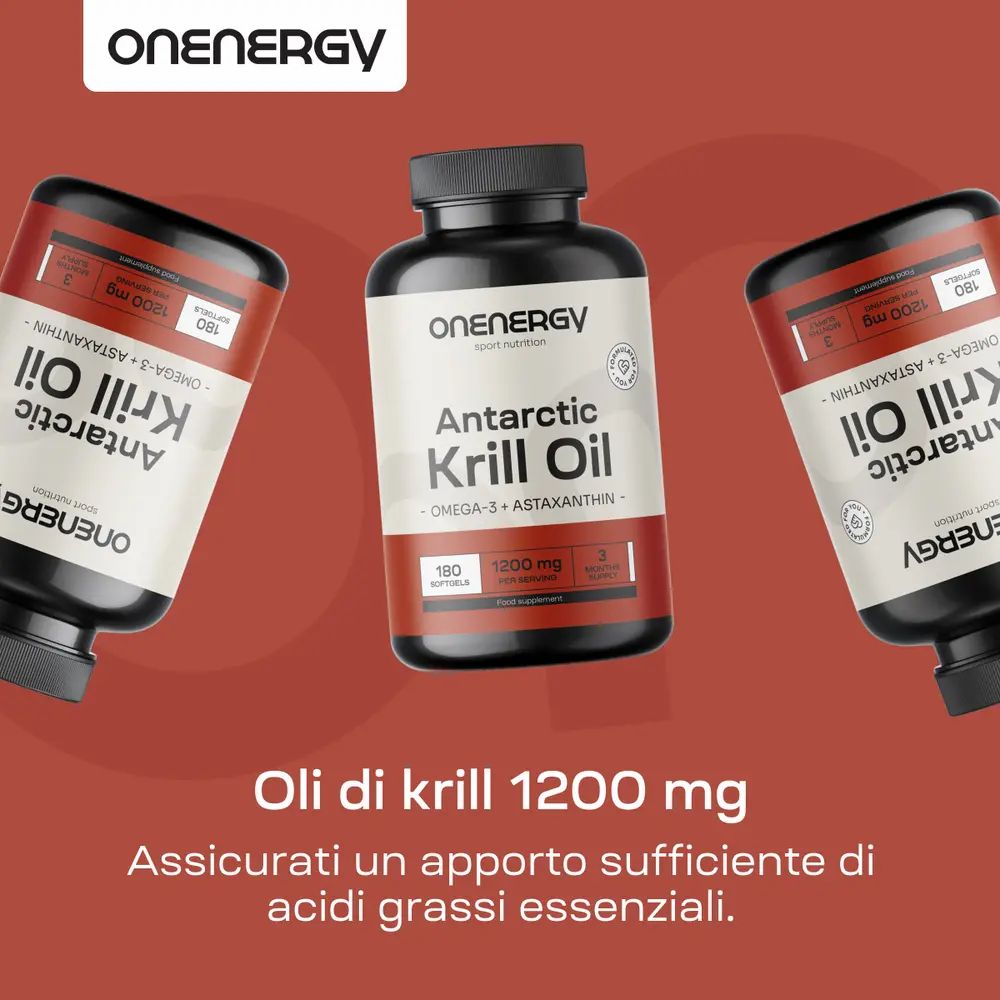 Tre flaconi con capsule. Testo: Olio di krill 1200 mg. Assicurati un apporto sufficiente di acidi grassi essenziali.