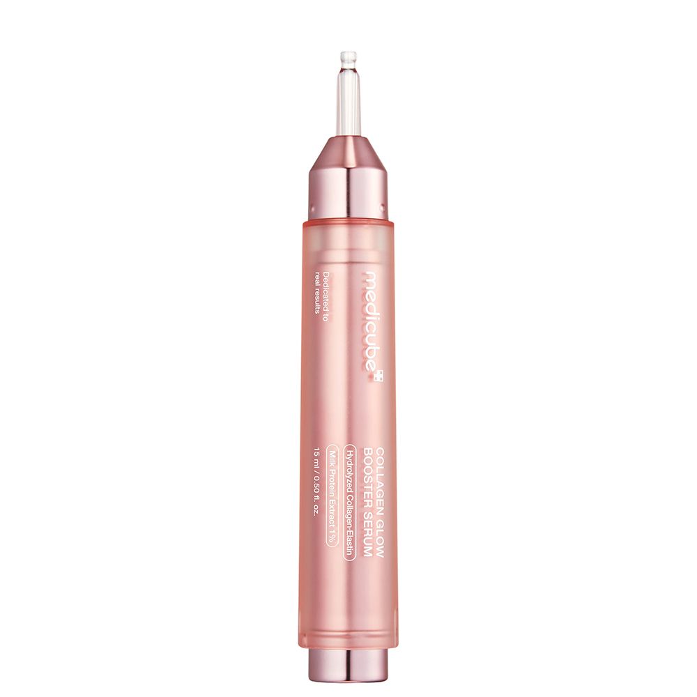Applicatore di siero rosa con dettaglio argentato e tappo trasparente. Contiene "Collagen Glow Booster Serum".