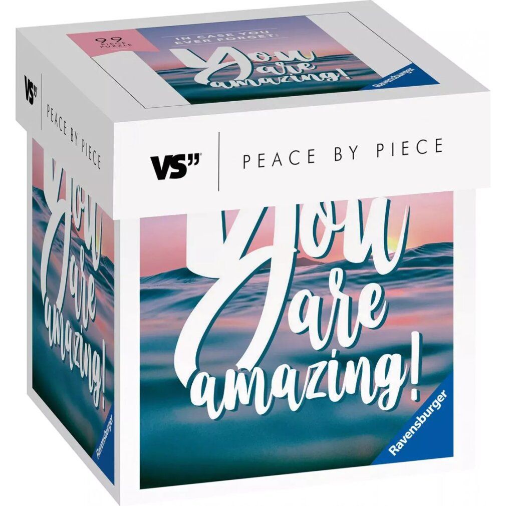 Scatola puzzle "You are amazing!". 99 pezzi. Marchio Ravensburger. Confezione con motivo onde e testo.