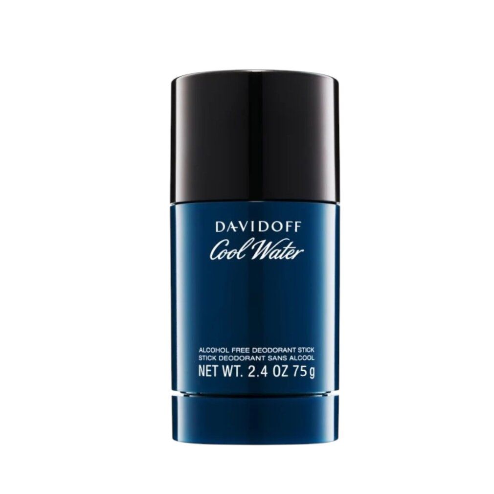 Davidoff Cool Water Deodorant Stick blu, coperchio nero. Scritta: Alcohol Free Deodorant Stick, Net Wt. 2.4 OZ 75 g.