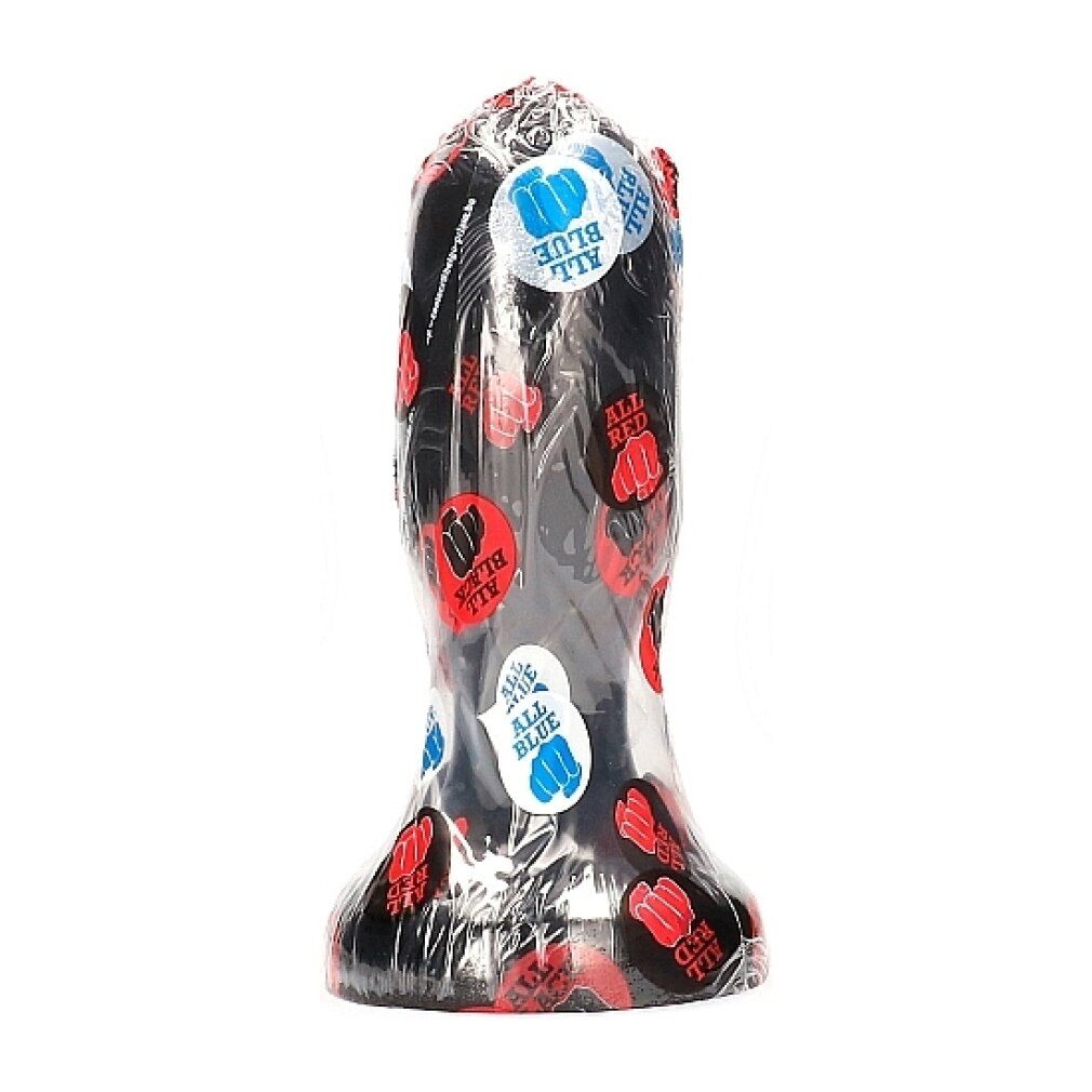 Prodotto benessere nero, confezionato in pellicola con adesivi rossi e blu con simbolo del pugno e "ALL".