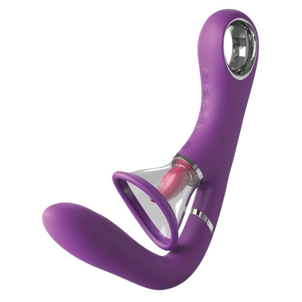 Vibratore viola con due coppe aspiranti. Caratteristiche visibili: forma curva, dettagli argentati, coppe trasparenti con elementi rosa.