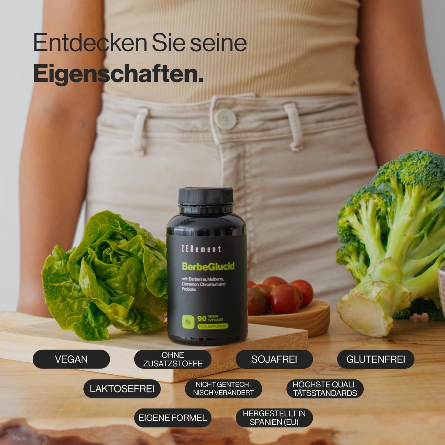 Flacone nero di capsule Zenement BerbeGlucid, circondato da verdure. Vegano, senza additivi, senza glutine.