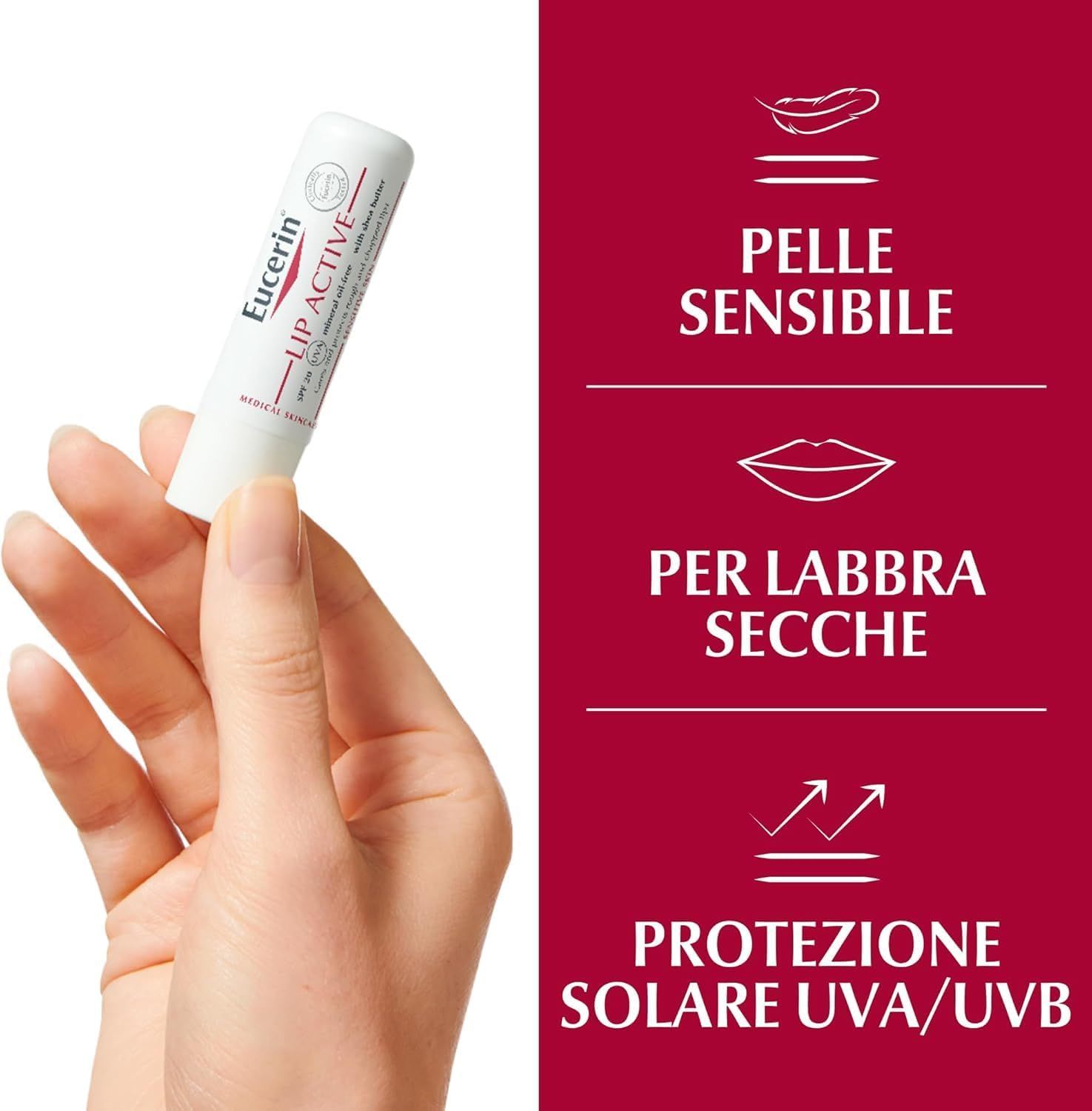 Mano che tiene uno stick di balsamo labbra. Testo: PELLE SENSIBILE, PER LABBRA SECCHE, PROTEZIONE SOLARE UVA/UVB.