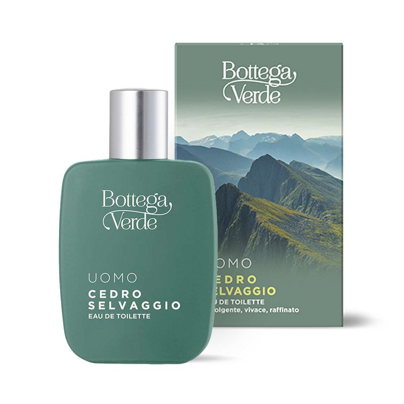 Flacone e confezione verde di Eau de Toilette. Tappo argentato. Testo: Bottega Verde, Cedro Selvaggio, Uomo.