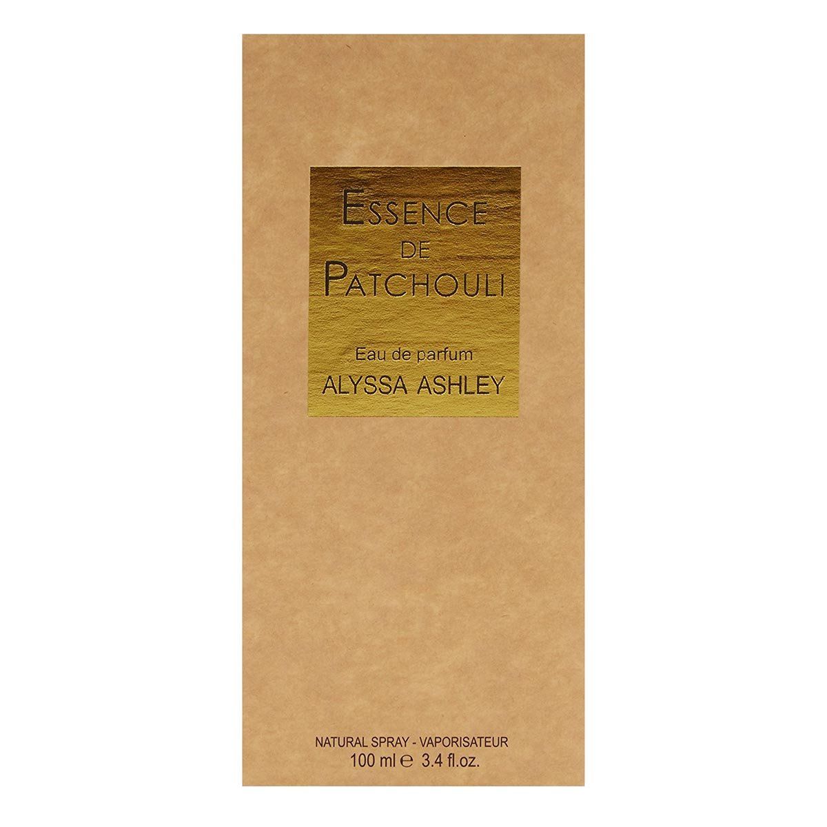 Flaconi Alyssa Ashley Essence de Patchouli Eau de Parfum di varie dimensioni con scatola.