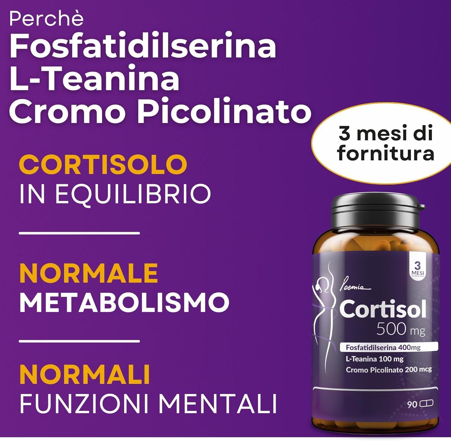 Flacone Poemia Cortisol 500mg, 3 mesi di fornitura, con testi su equilibrio cortisolo e metabolismo.