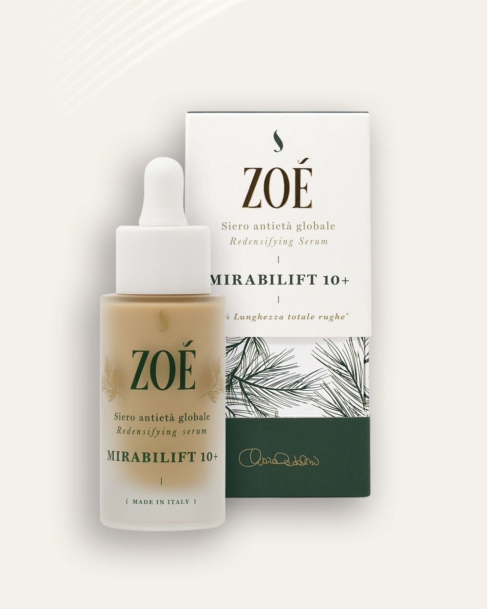 Flacone di siero e scatola. Scritta: ZOE, MIRABILIFT 10+. Confezione con informazioni sul prodotto.