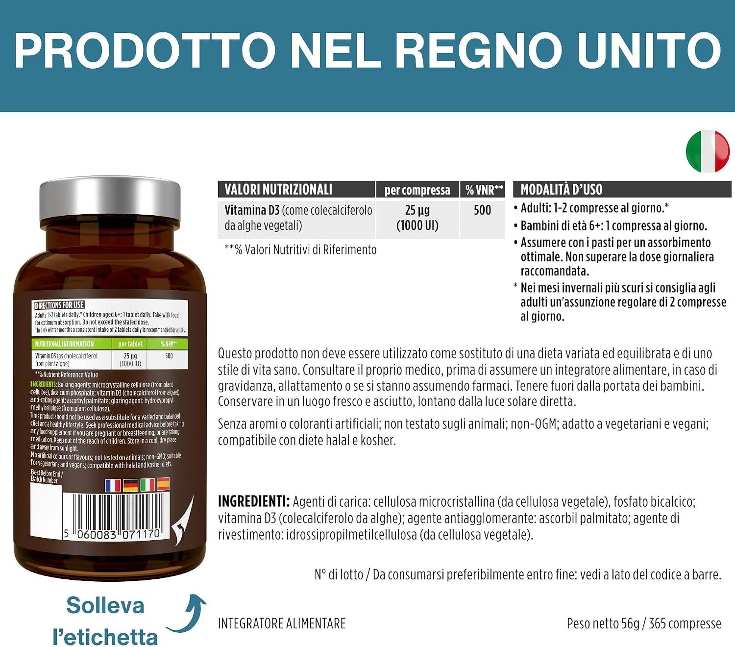 Retro di un flacone Igennus Vegan Vitamin D3 con informazioni nutrizionali e sull'origine.