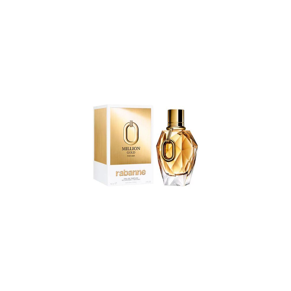 Flacone e confezione dorati. Scritta: Million Gold for Her, Rabanne. Eau de Parfum, ricaricabile.