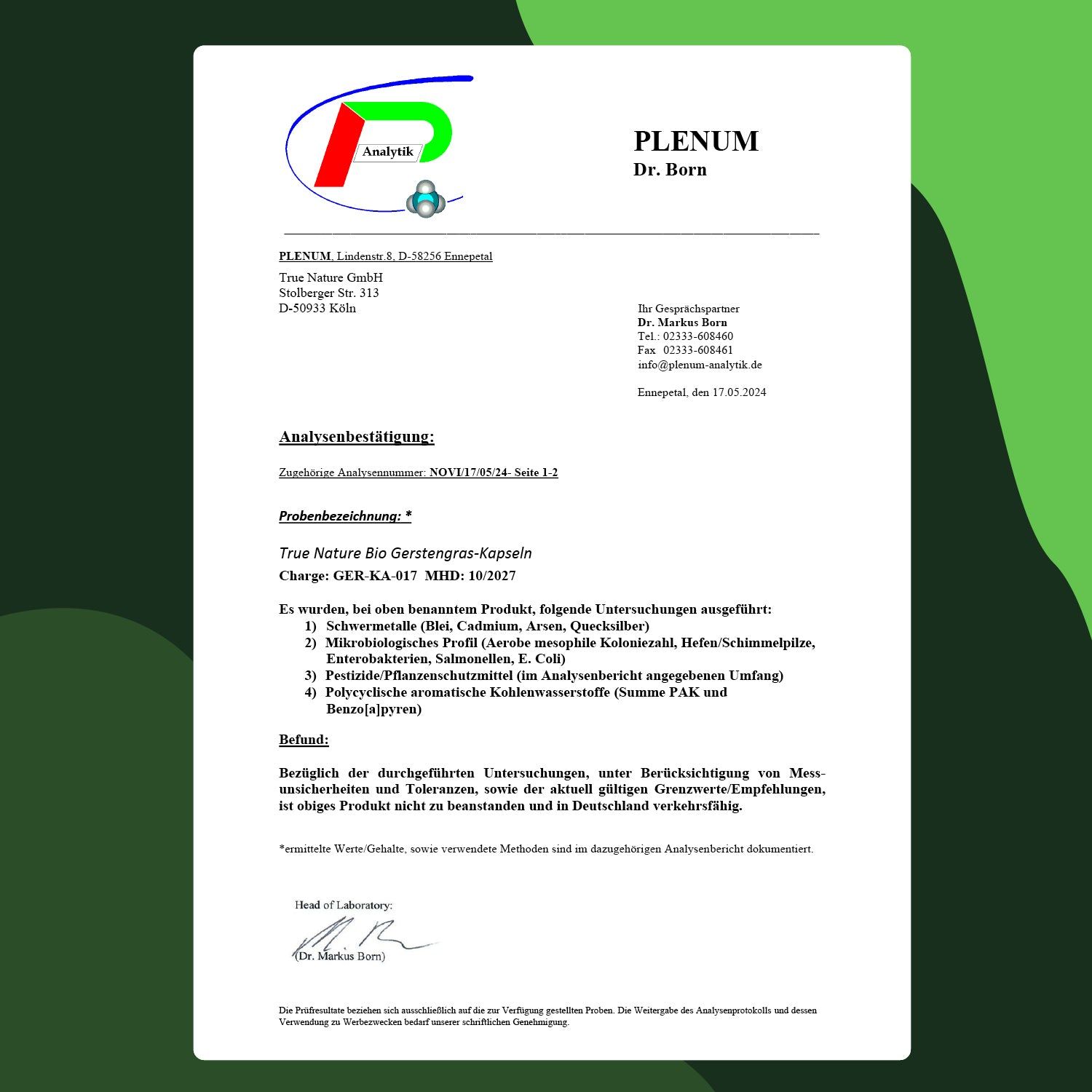 Certificato di analisi. Testo: Capsule di True Nature Bio-Gerstengras. Certificazione di laboratorio. Risultati dell'analisi.