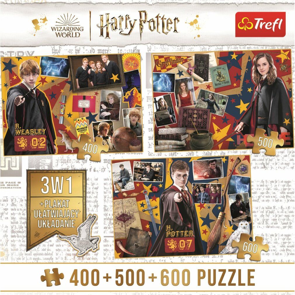Puzzle Trefl Harry Potter, 400+500+600 pezzi. Confezione con Ron, Hermione e Harry. Logo e testo visibili.
